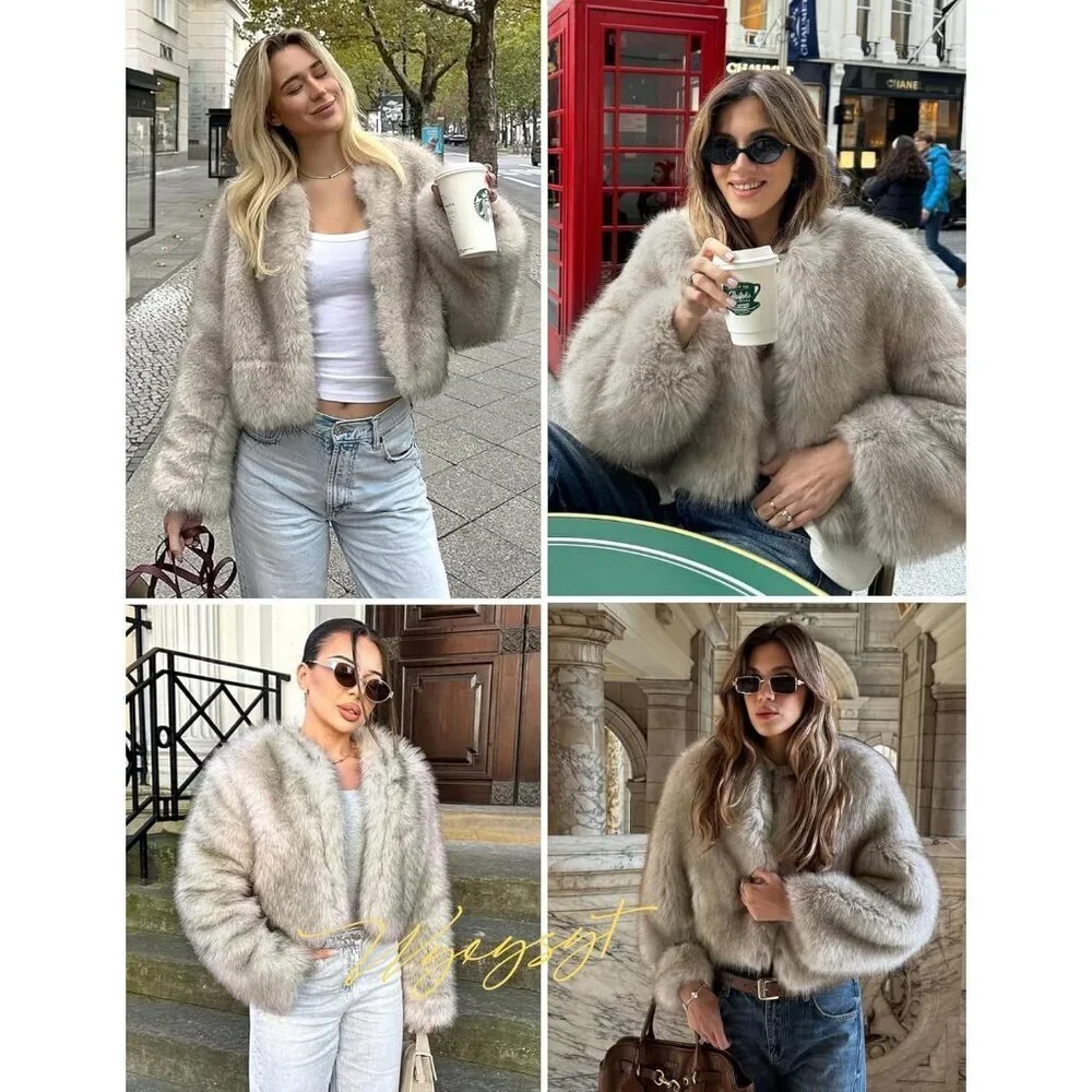 Women's Grey Wyeysyt Faux Fur Cropped Coat Fluffy Open Front Warm Winter Jacket - Picture 6 of 8